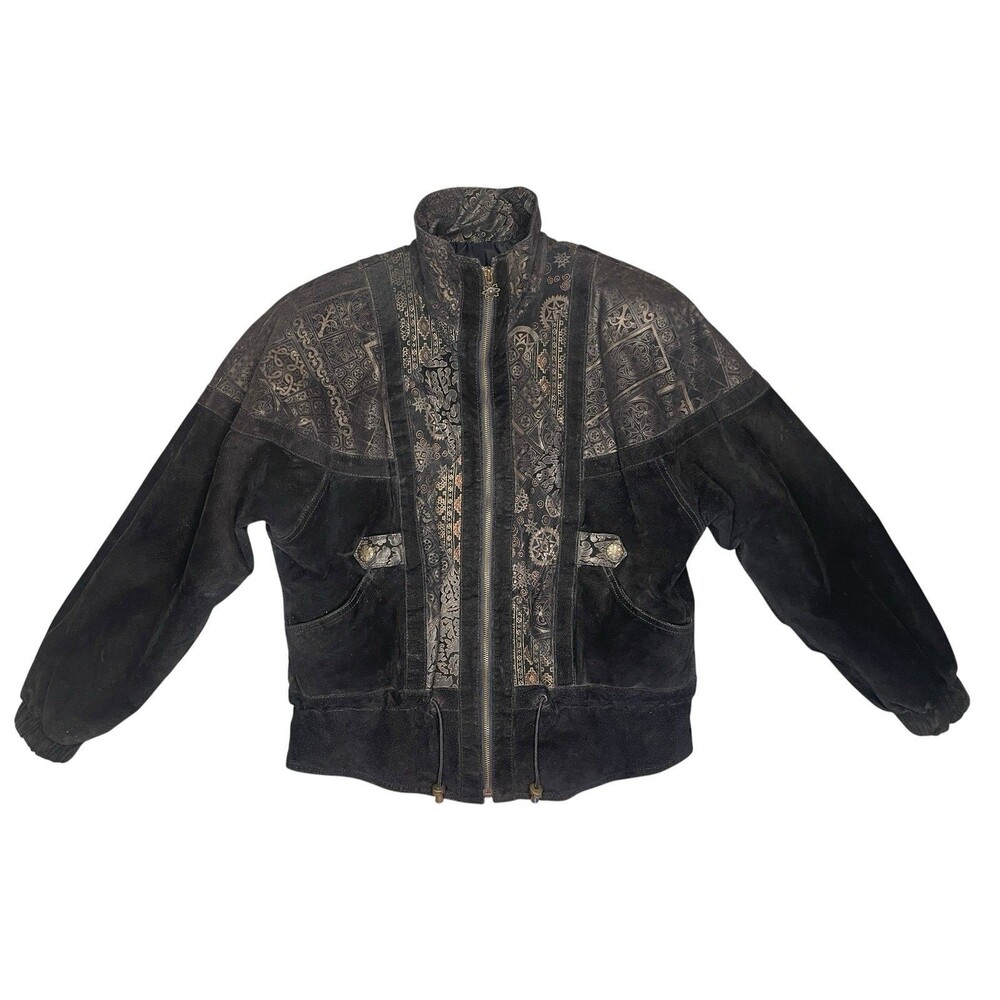 Vintage 90s Winlit Leather Suede Bomber Jacket Size SM Black Gold Western Native